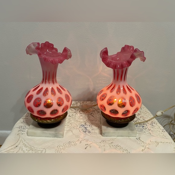 Other - Vintage Fenton Opalescent Coin Dot Cranberry Boudoir Glass Lamp Light PAIR Marbl